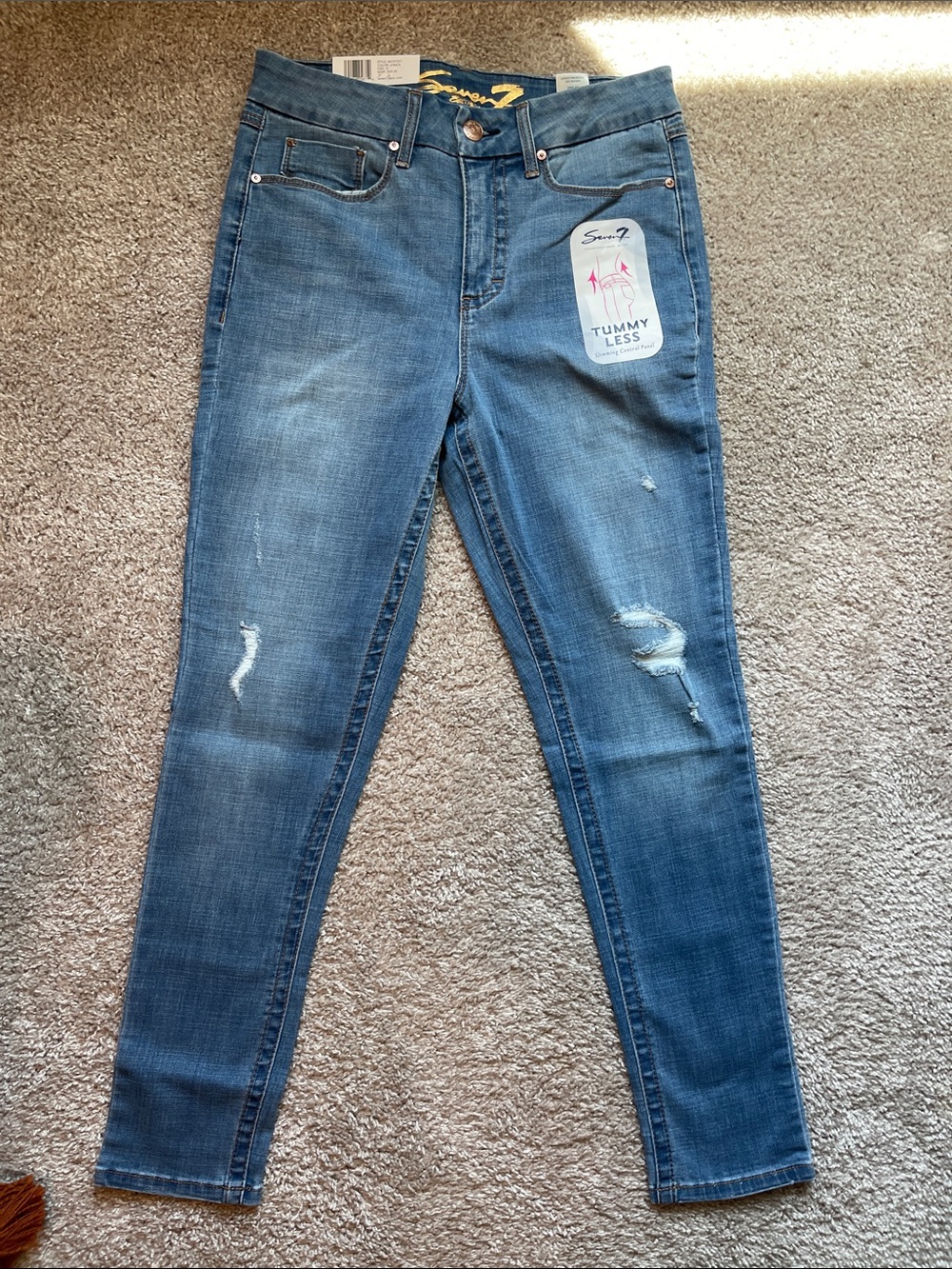 Seven7 Women's Skinny Tummy Less Distressed Jeans - Medium Blue